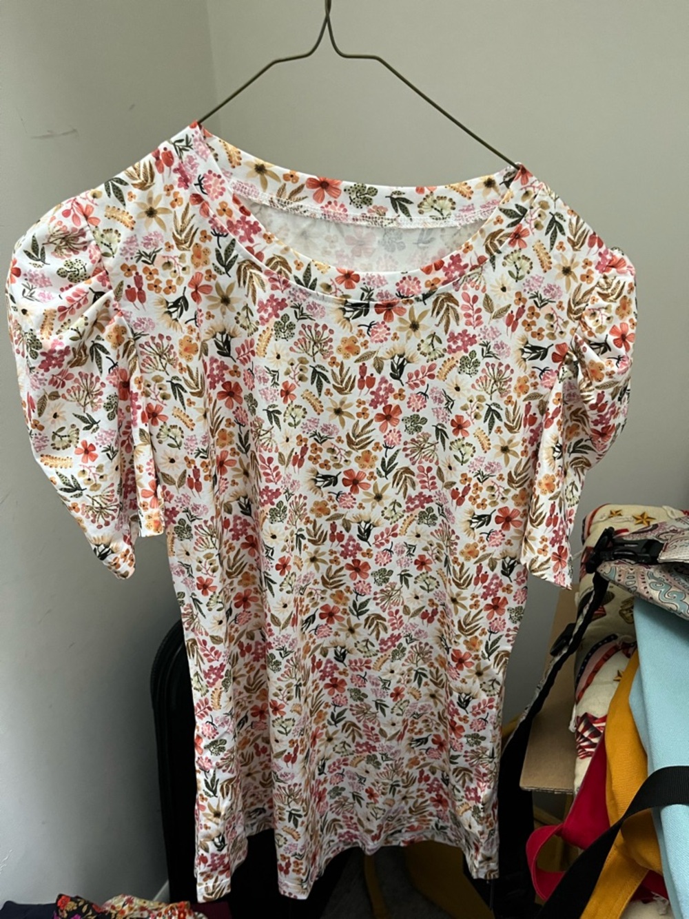 Floral Puff-Sleeve Top - White with Pink & Green Floral Print